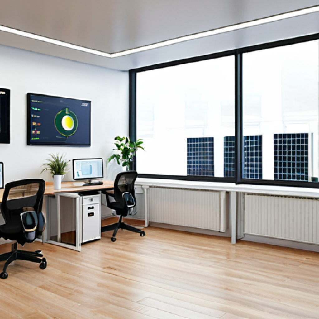 **Prompt:** Smart sensors monitoring energy consumption in a modern office, real-time data visualization, sustainable workplace, ISO 50001 certified.