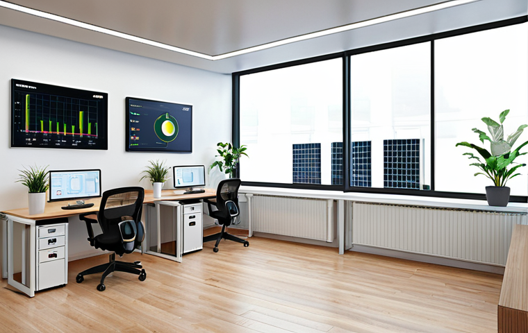 **Prompt:** Smart sensors monitoring energy consumption in a modern office, real-time data visualization, sustainable workplace, ISO 50001 certified.