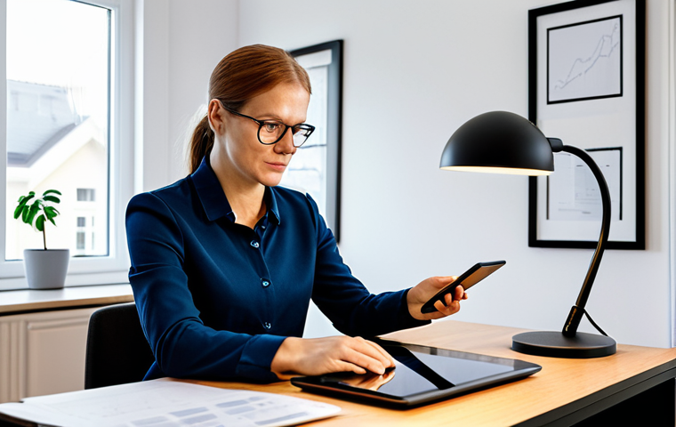 A diverse adult individual, dressed in modest professional business casual attire, is seated at a modern desk in a bright, clean Swedish home office. They are intently examining a physical electricity bill, with a tablet displaying energy consumption data open beside them. In the background, subtle elements of smart home technology are visible, such as a smart thermostat on the wall or a smart plug connected to a lamp. The scene conveys a sense of thoughtful analysis and control over personal energy use. The lighting is natural and inviting, emphasizing a professional and calm atmosphere. This image is safe for work, appropriate content, fully clothed, professional dress, perfect anatomy, correct proportions, natural pose, well-formed hands, proper finger count, natural body proportions, high quality, professional photography.